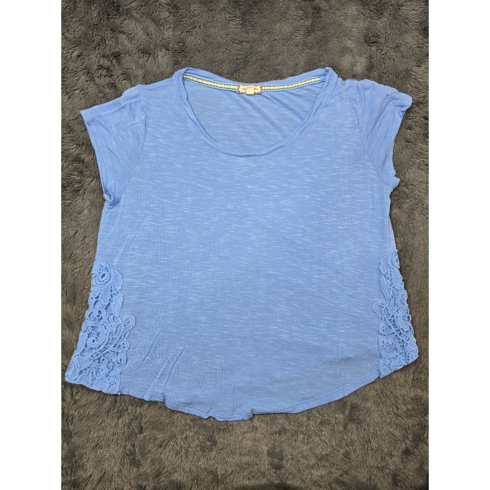 Eyeshadow Blue Crochet Lace Side Slub Knit Short Sleeve Top Womens Medium